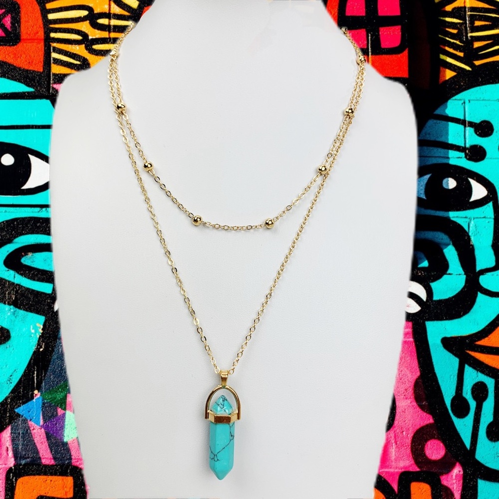 Geometric Turquoise Howlite Point Gold Layered Adjustable Cable Link Necklace